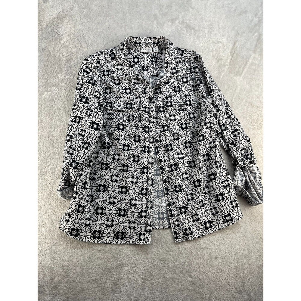Kim Rogers Button Up Shirt Womens Large Petite Gray Black Long Sleeve